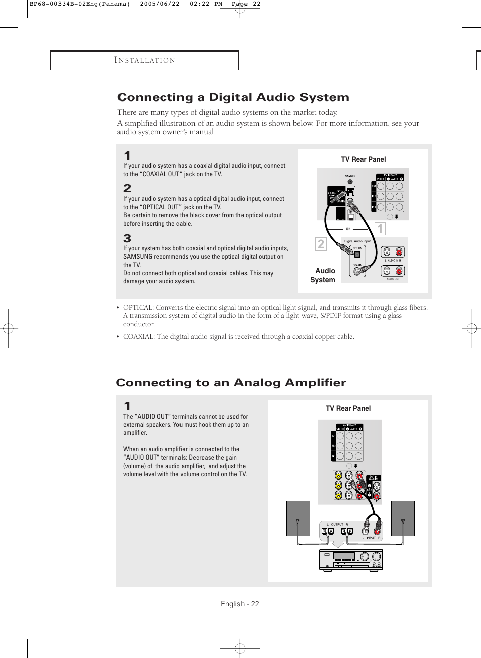 Connecting a digital audio system, Connecting to an analog amplifier | Samsung HCR4755WX-XAA User Manual | Page 22 / 80