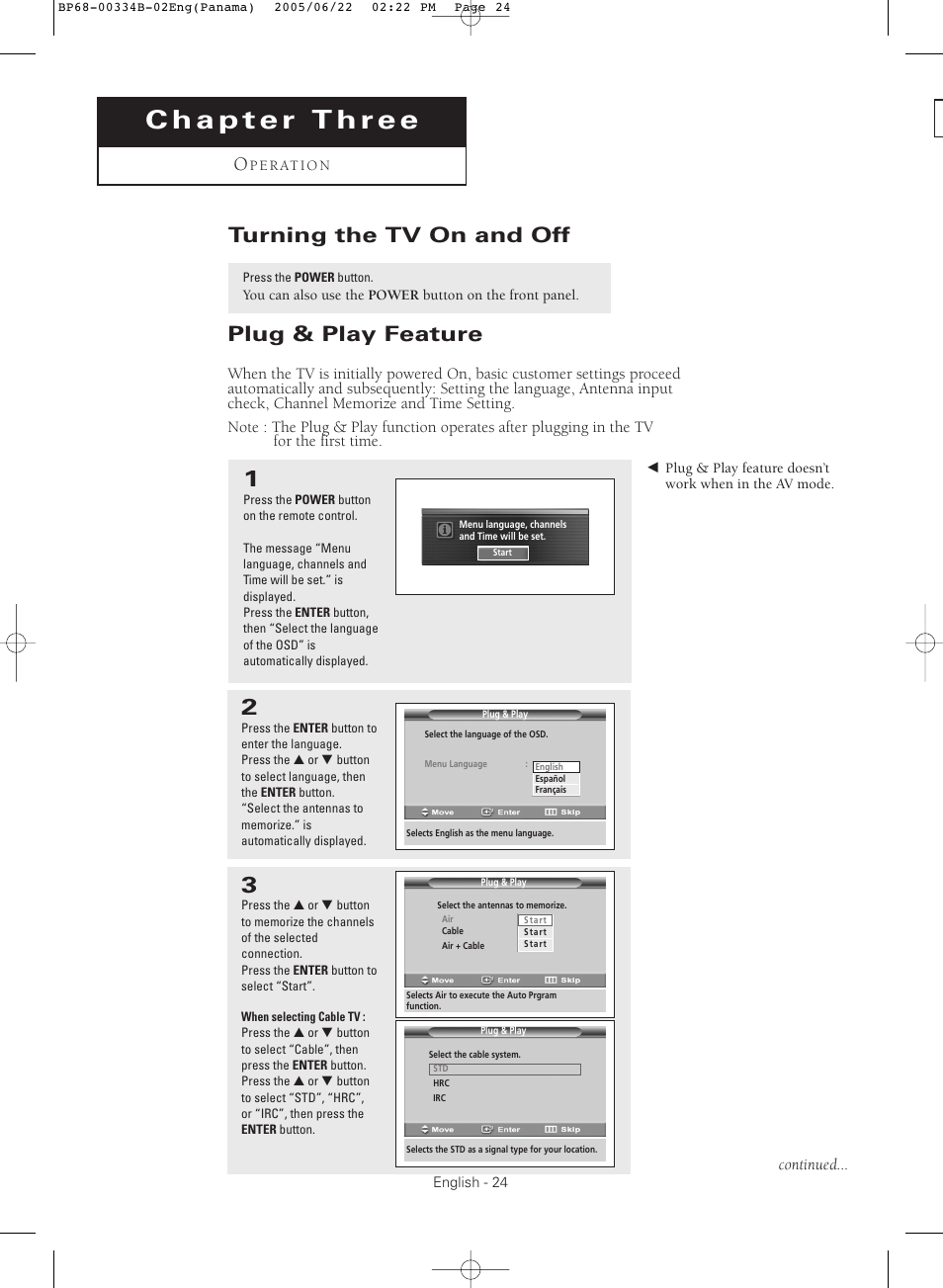 Chapter 3: operation, Turning the tv on and off, Plug & play feature | Samsung HCR4755WX-XAA User Manual | Page 24 / 80