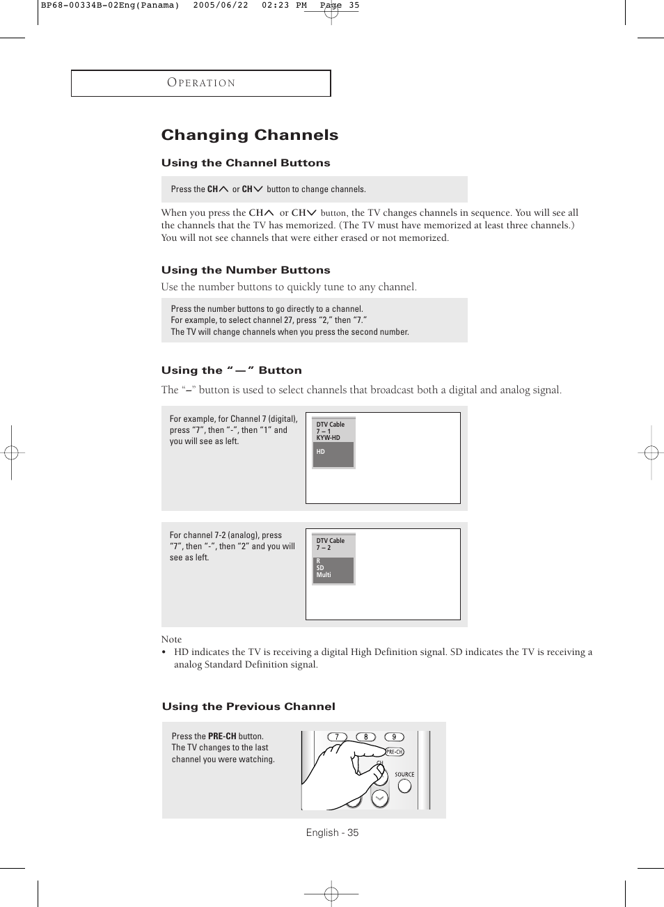 Changing channels, Using the channel buttons, Using the number buttons | Using the “-” button, Using the previous channel | Samsung HCR4755WX-XAA User Manual | Page 35 / 80