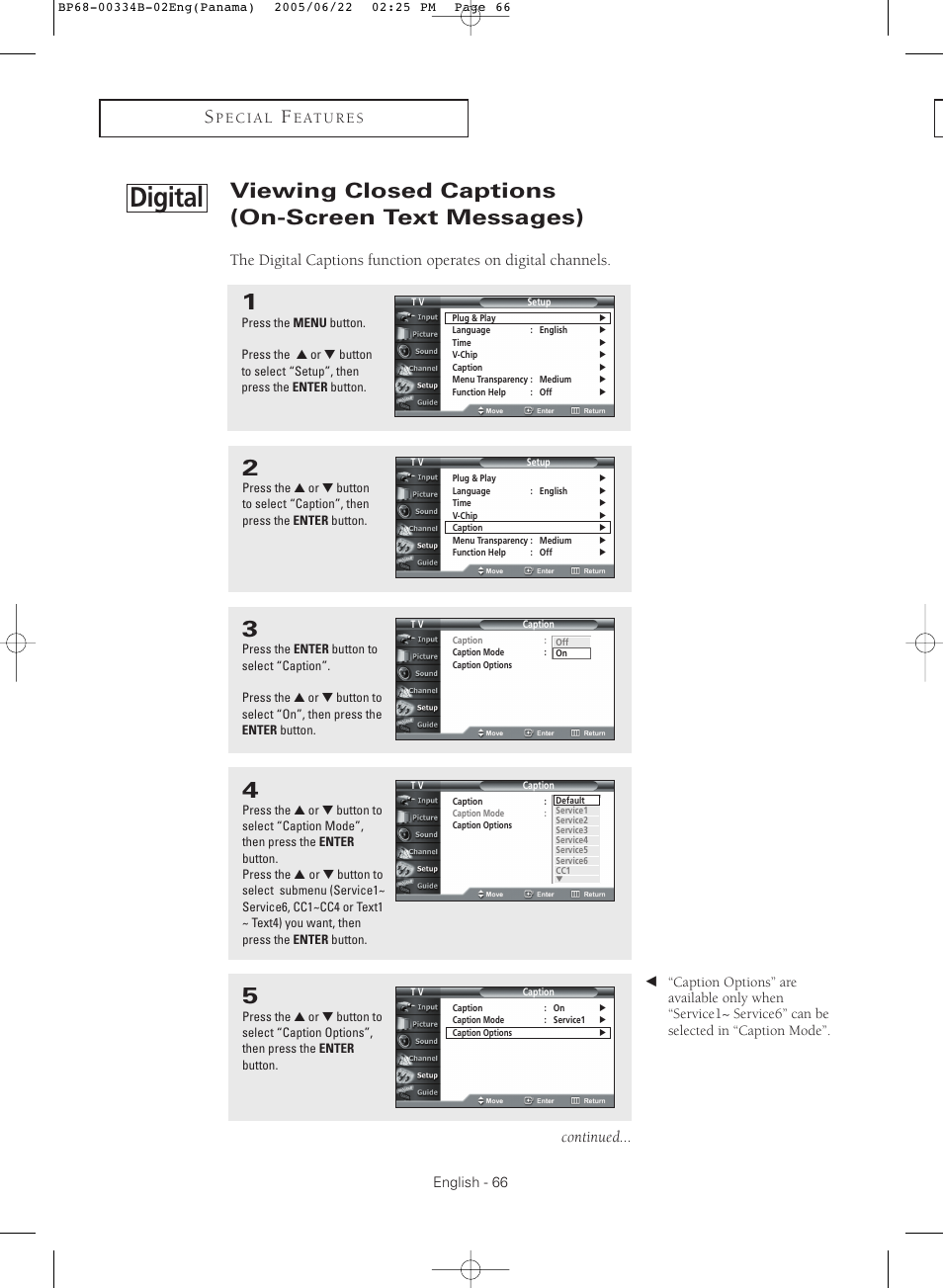 Digital, Viewing closed captions (on-screen text messages), Continued | Samsung HCR4755WX-XAA User Manual | Page 66 / 80