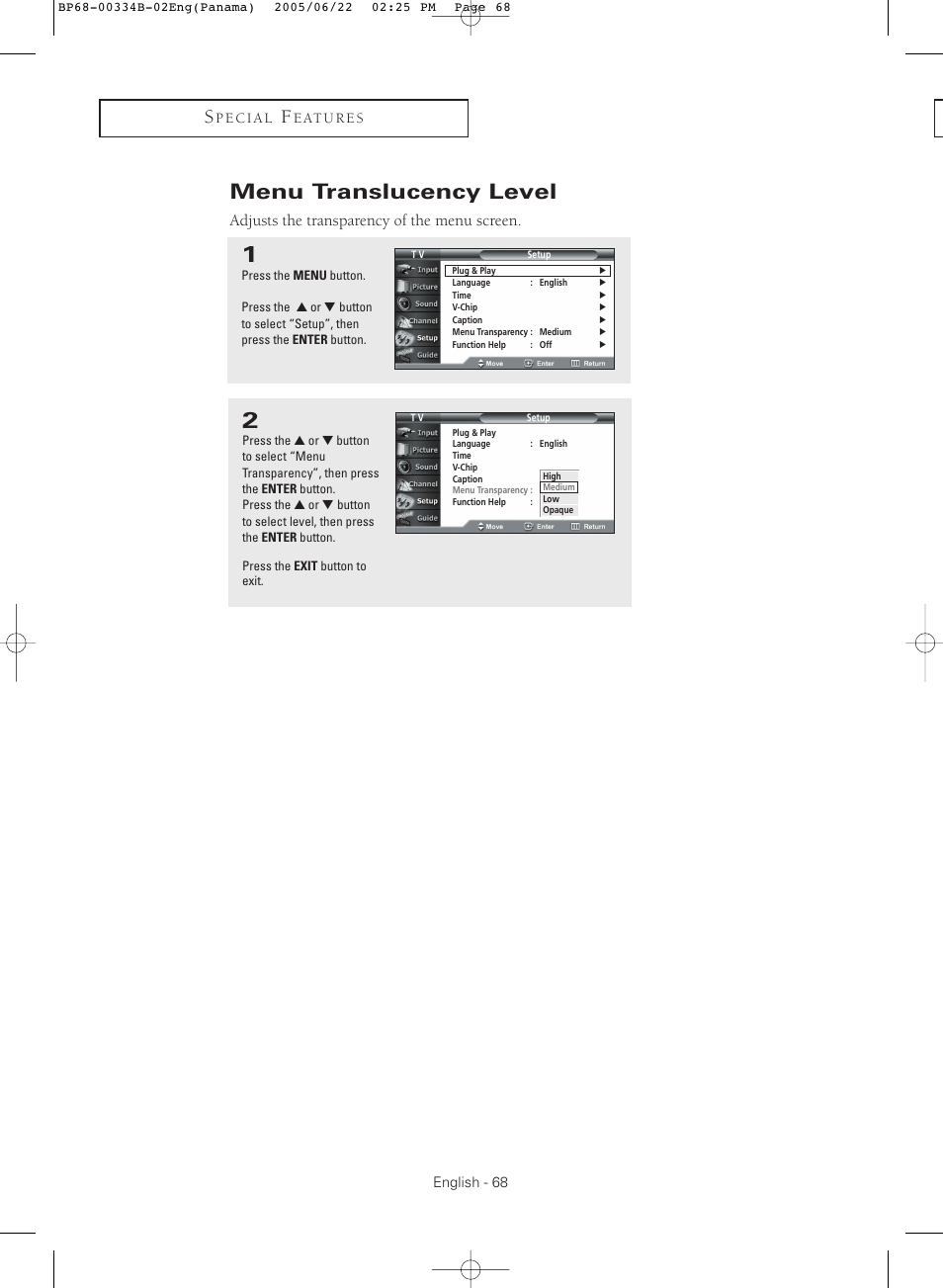 Menu translucency level, Adjusts the transparency of the menu screen | Samsung HCR4755WX-XAA User Manual | Page 68 / 80