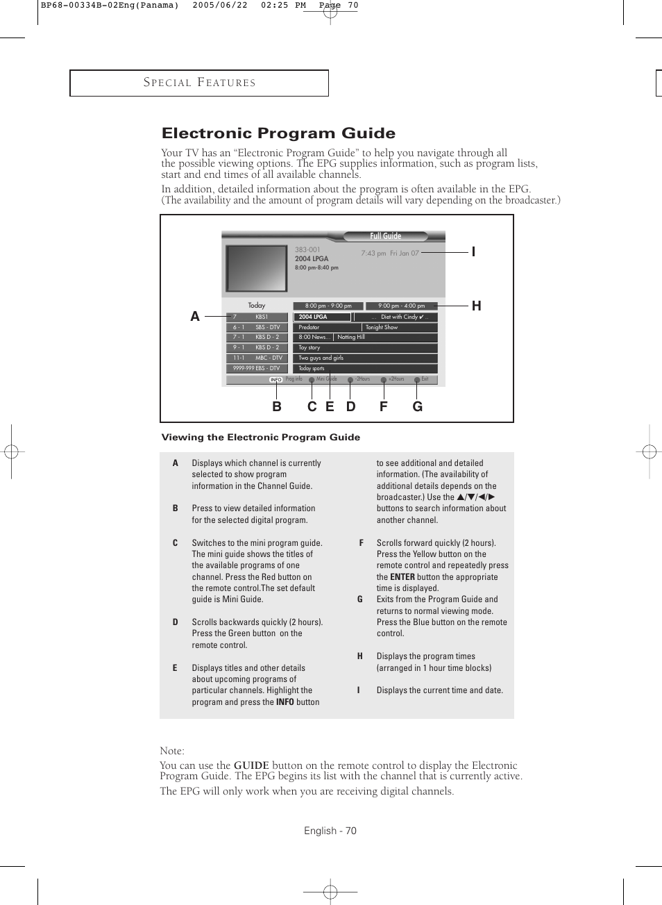 Electronic program guide, Viewing the electronic program guide, Ia h | Samsung HCR4755WX-XAA User Manual | Page 70 / 80