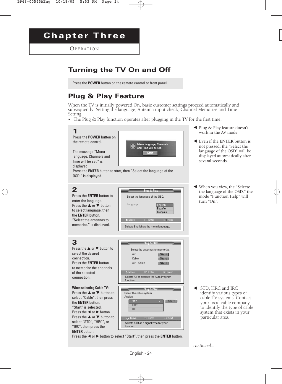 Chapter three : operation, Turning the tv on and off, Plug & play feature | Continued | Samsung HCS4755WX-XAA User Manual | Page 24 / 80