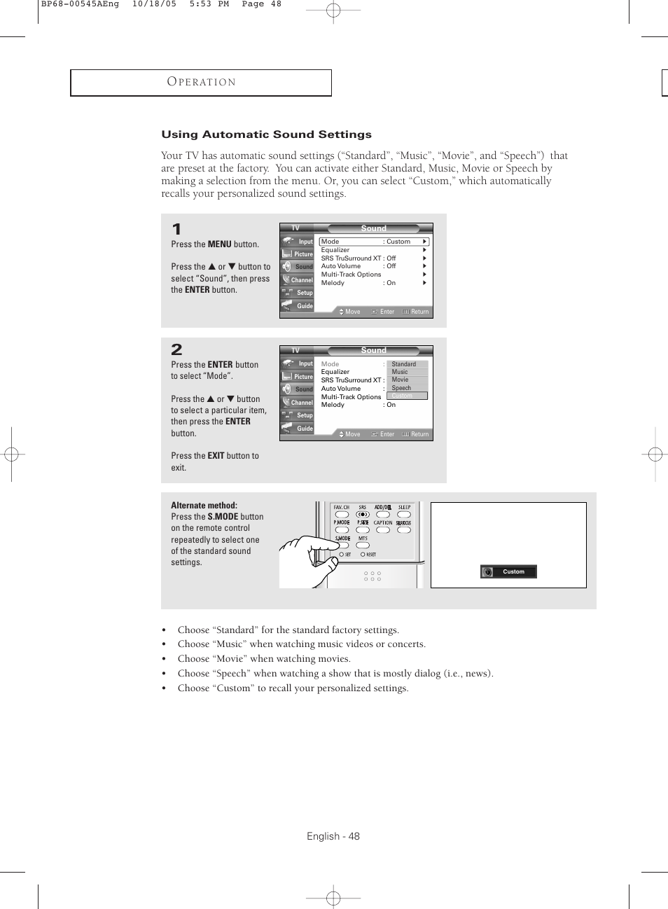 Using automatic sound settings | Samsung HCS4755WX-XAA User Manual | Page 48 / 80