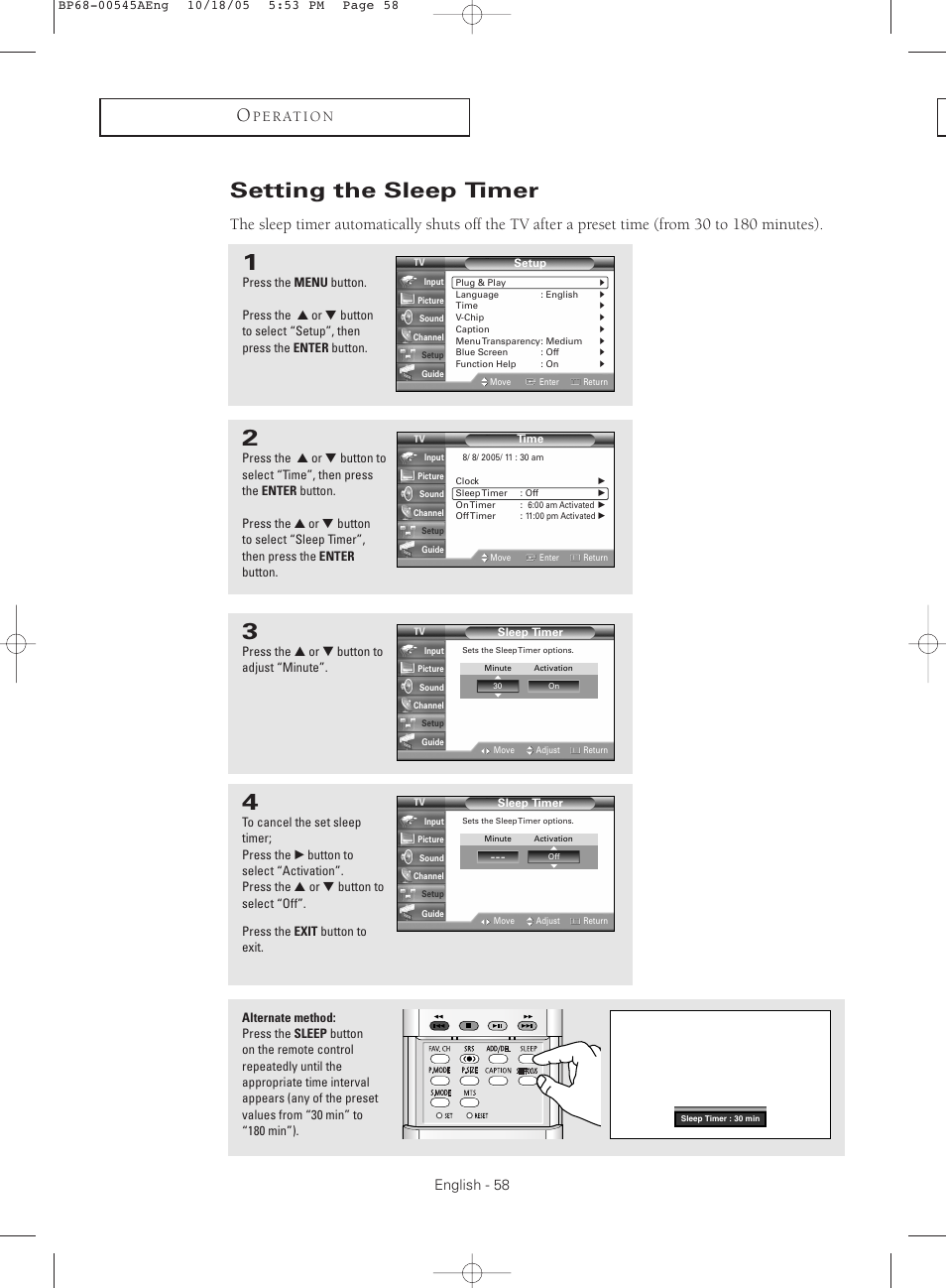 Setting the sleep timer, English - 58, P e r at i o n | Samsung HCS4755WX-XAA User Manual | Page 58 / 80