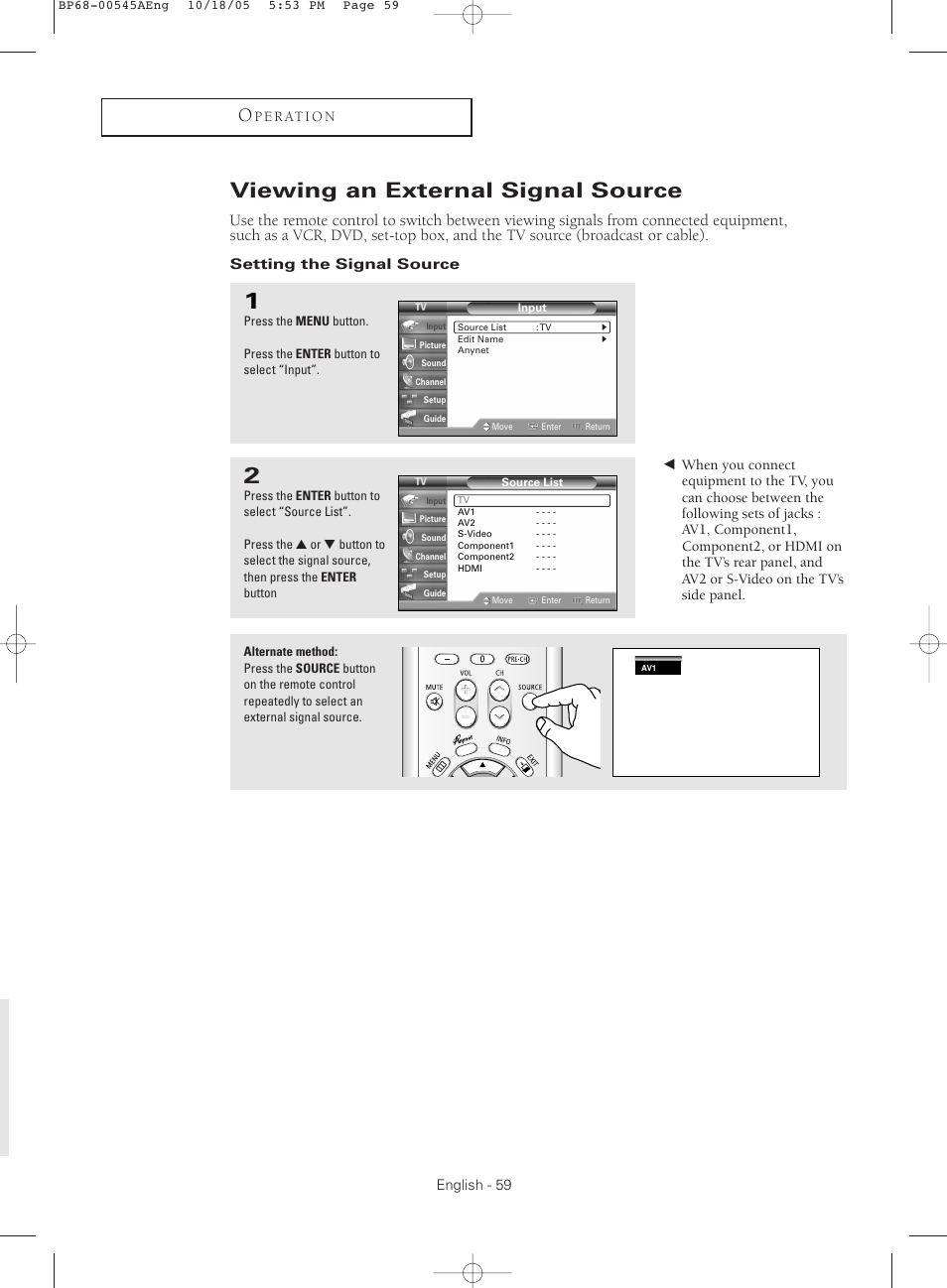 Viewing an external signal source, Setting the signal source | Samsung HCS4755WX-XAA User Manual | Page 59 / 80