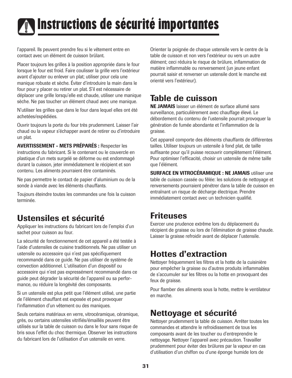 Instructions de sécurité importantes, Ustensiles et sécurité, Table de cuisson | Friteuses, Hottes d’extraction, Nettoyage et sécurité | Amana EASY TOUCH CONTROL 800 User Manual | Page 32 / 84