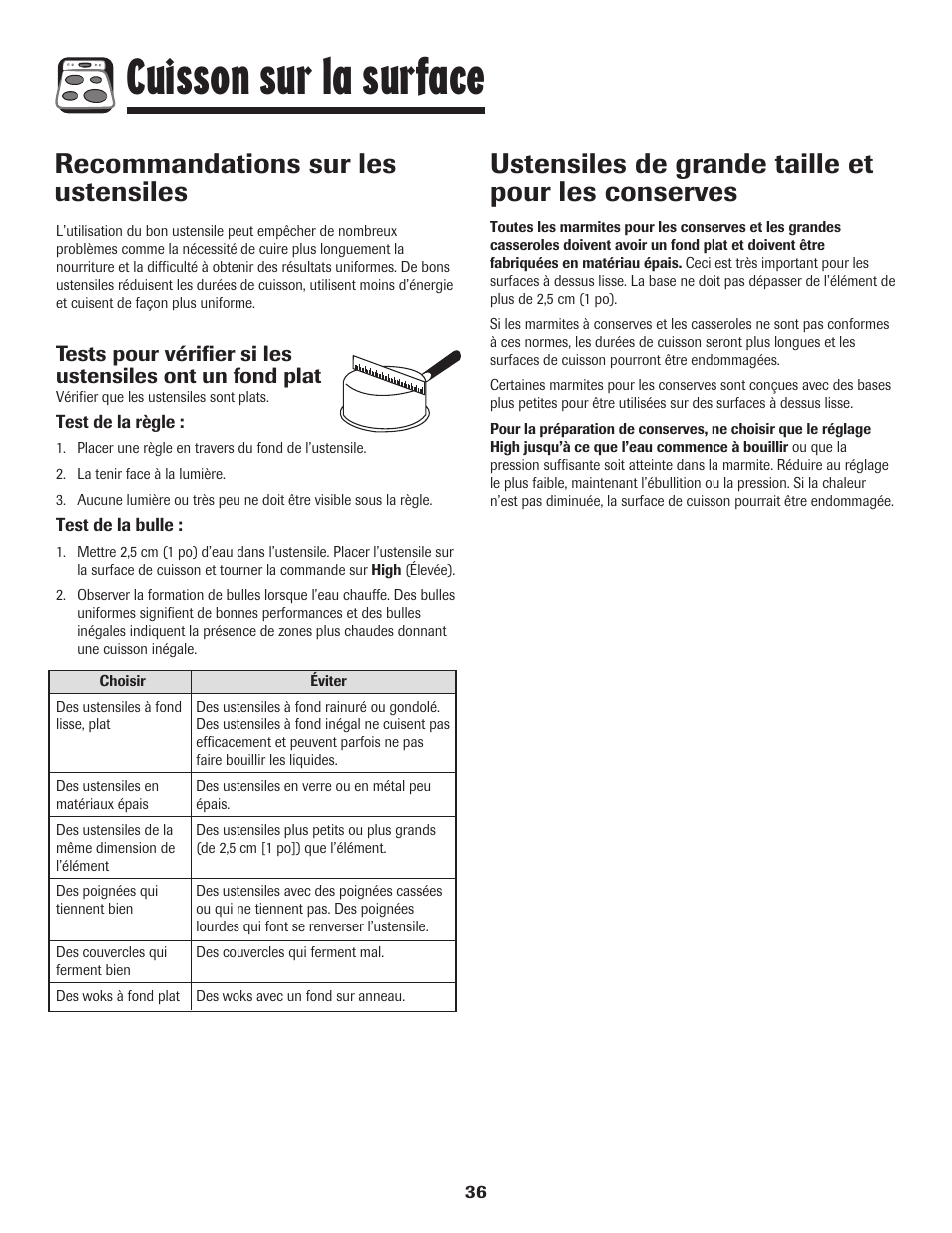 Cuisson sur la surface, Recommandations sur les ustensiles, Ustensiles de grande taille et pour les conserves | Amana EASY TOUCH CONTROL 800 User Manual | Page 37 / 84
