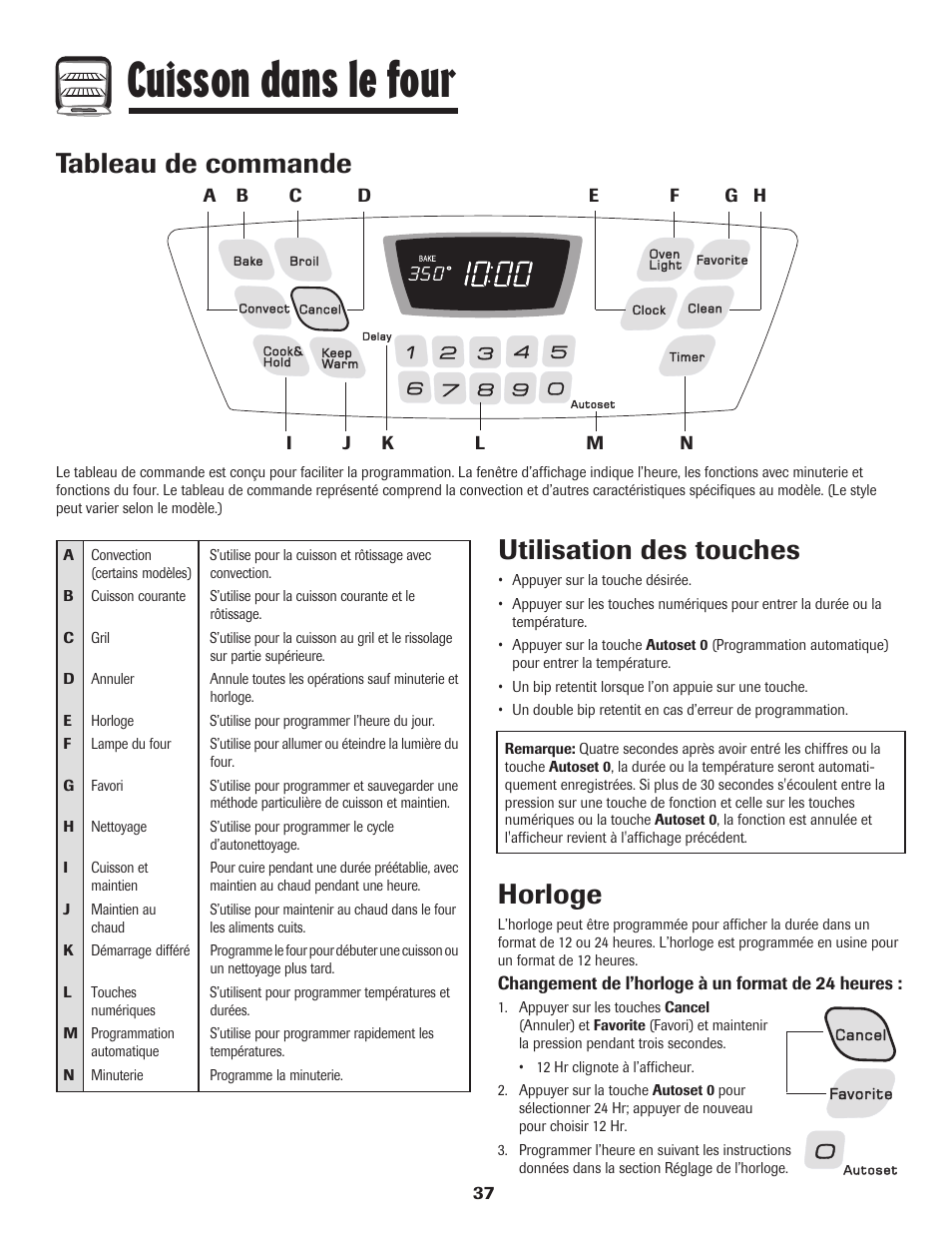 Cuisson dans le four, Tableau de commande, Utilisation des touches | Horloge | Amana EASY TOUCH CONTROL 800 User Manual | Page 38 / 84