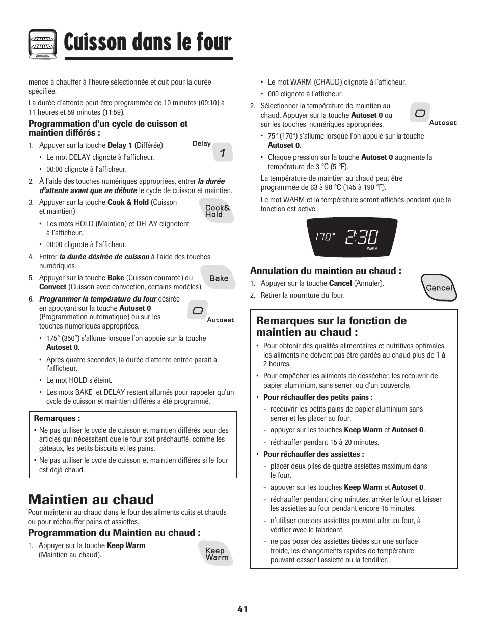 Cuisson dans le four, Maintien au chaud, Remarques sur la fonction de maintien au chaud | Amana EASY TOUCH CONTROL 800 User Manual | Page 42 / 84