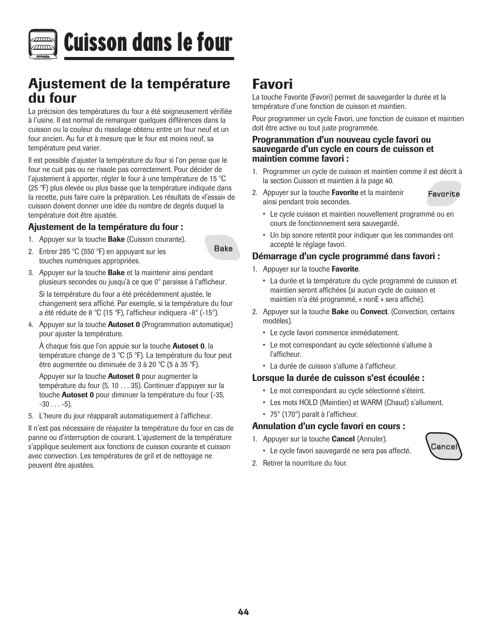 Cuisson dans le four, Favori, Ajustement de la température du four | Amana EASY TOUCH CONTROL 800 User Manual | Page 45 / 84