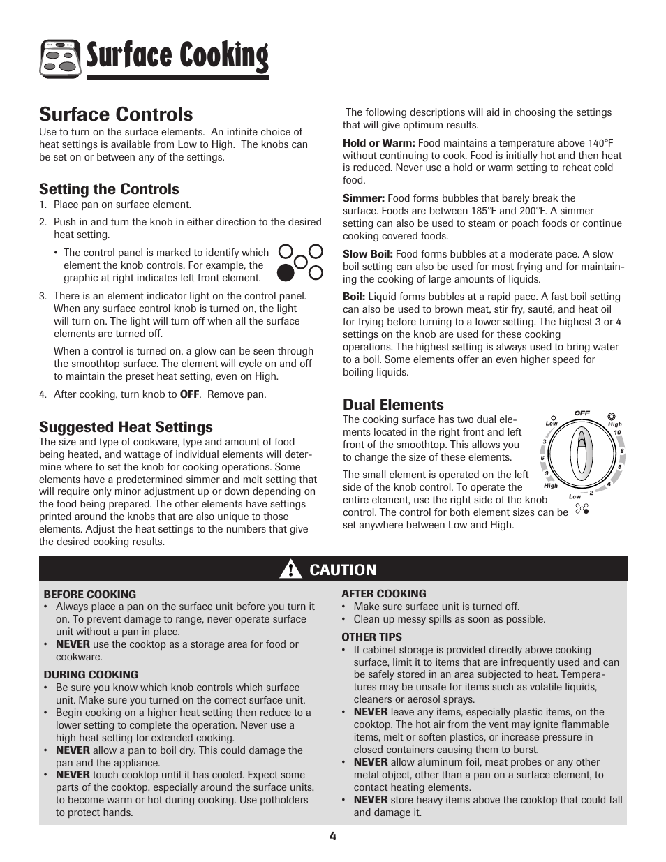 Surface cooking, Surface controls, Caution | Setting the controls, Suggested heat settings, Dual elements | Amana EASY TOUCH CONTROL 800 User Manual | Page 5 / 84