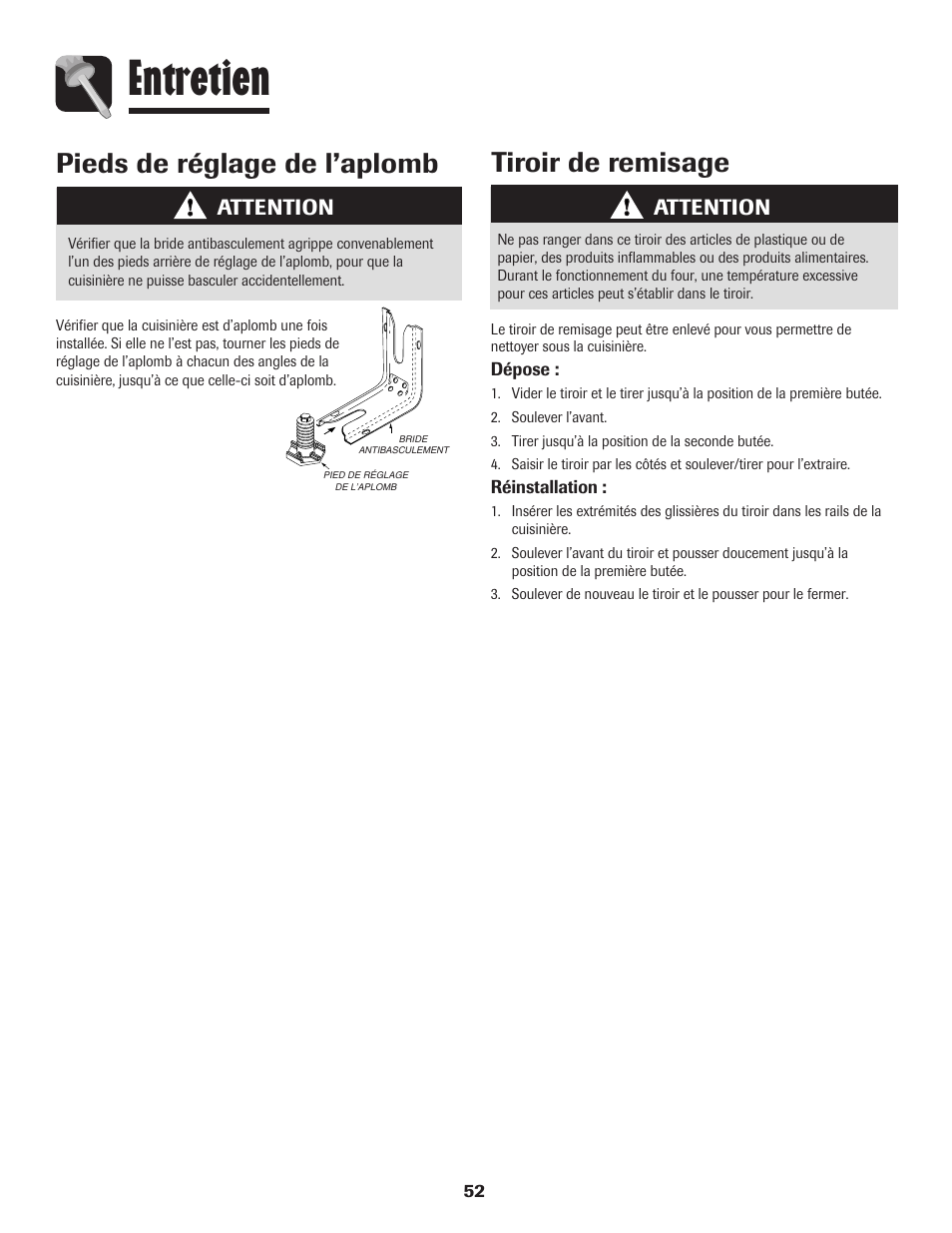 Entretien, Tiroir de remisage, Pieds de réglage de l’aplomb | Attention | Amana EASY TOUCH CONTROL 800 User Manual | Page 53 / 84
