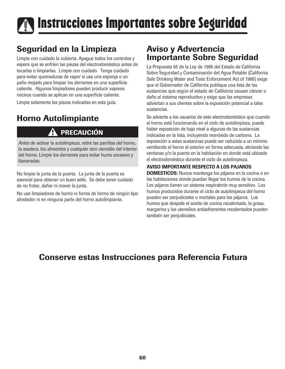 Instrucciones importantes sobre seguridad, Seguridad en la limpieza, Horno autolimpiante | Aviso y advertencia importante sobre seguridad | Amana EASY TOUCH CONTROL 800 User Manual | Page 61 / 84