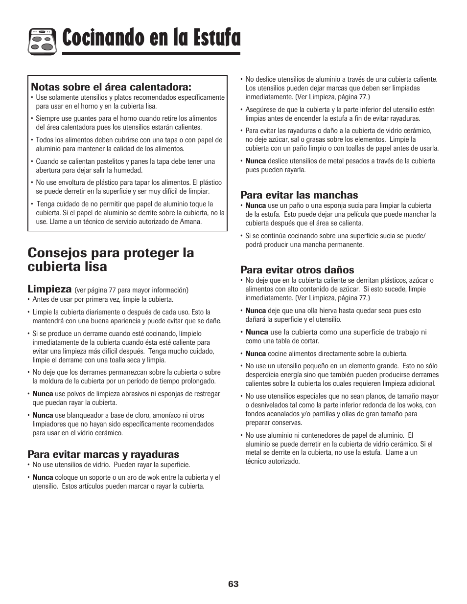 Cocinando en la estufa, Consejos para proteger la cubierta lisa, Limpieza | Para evitar marcas y rayaduras, Para evitar las manchas, Para evitar otros daños, Notas sobre el área calentadora | Amana EASY TOUCH CONTROL 800 User Manual | Page 64 / 84