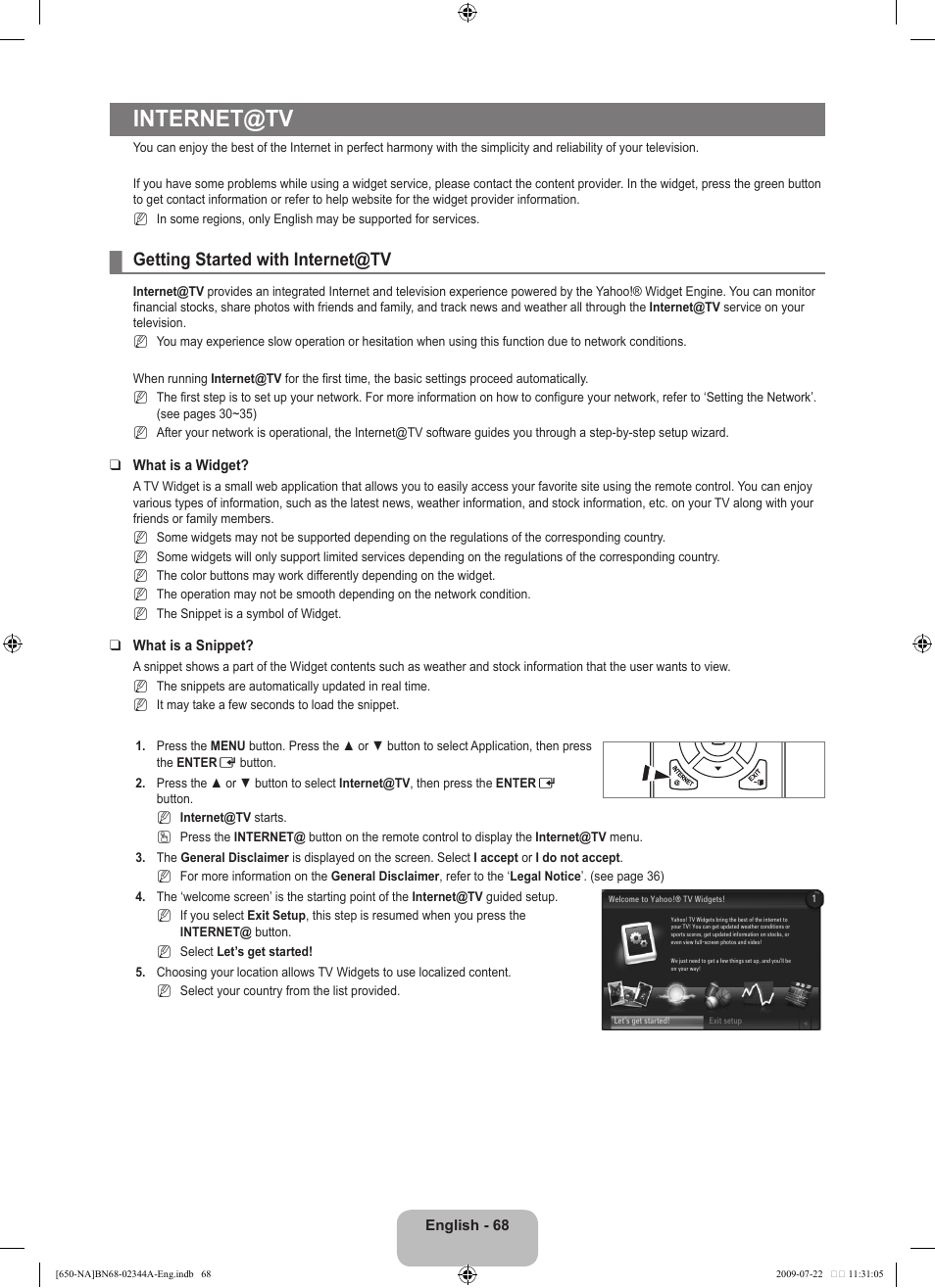 Internet@tv, Getting started with internet@tv | Samsung LN65B650X1FXZA User Manual | Page 70 / 286