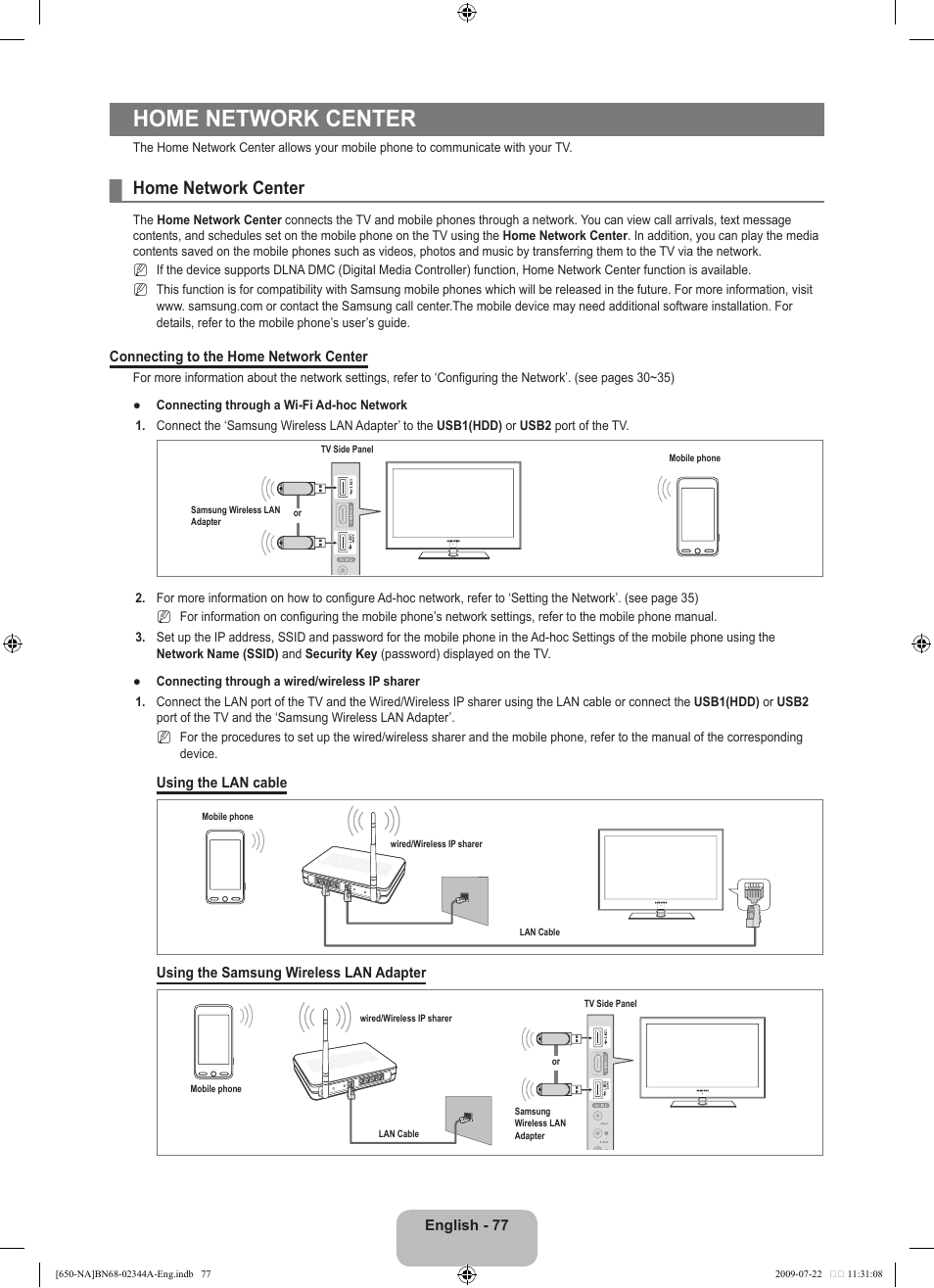 Home network center | Samsung LN65B650X1FXZA User Manual | Page 79 / 286