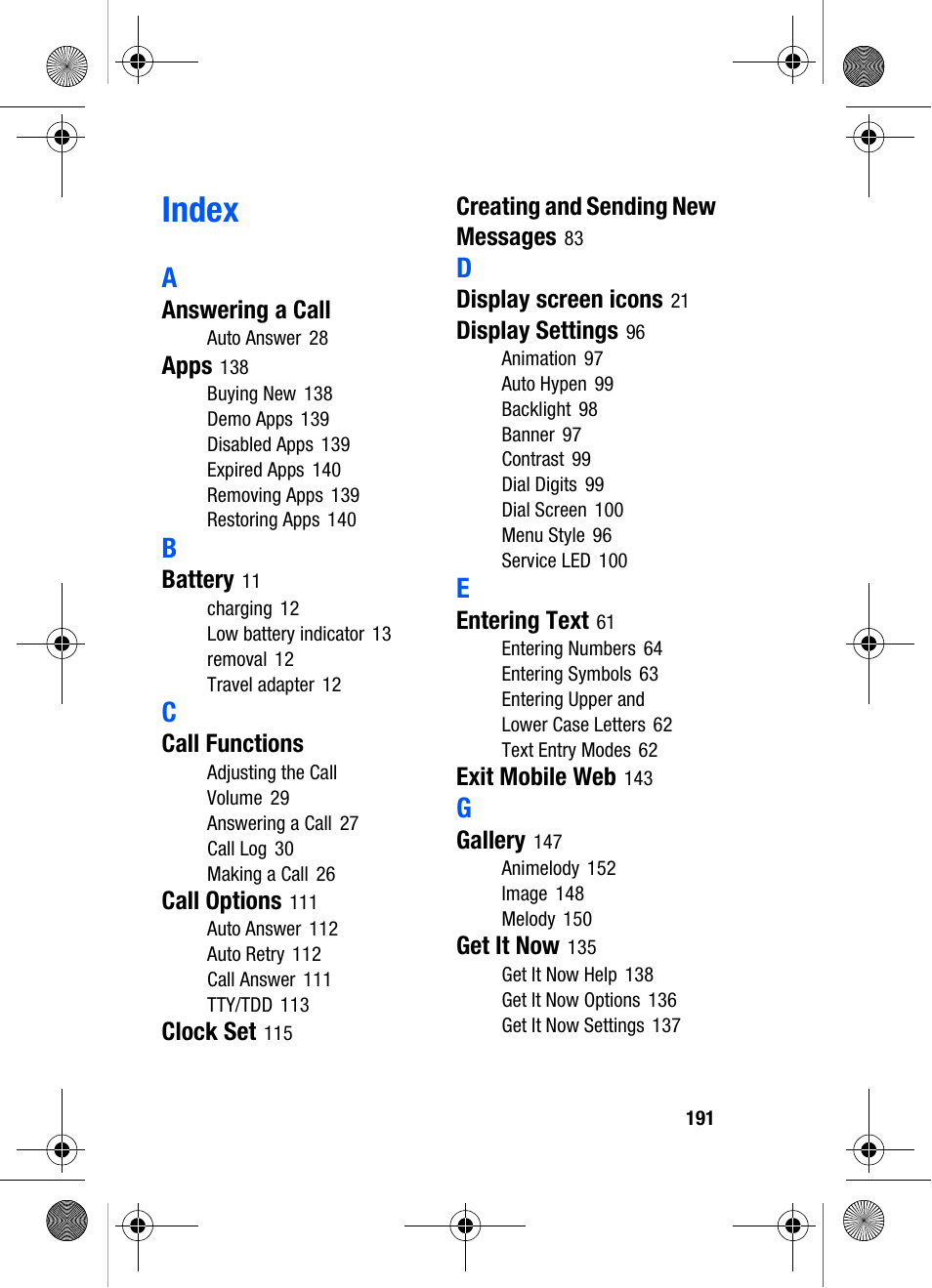 Index | Samsung SCH-A570ZSVXAR User Manual | Page 191 / 194