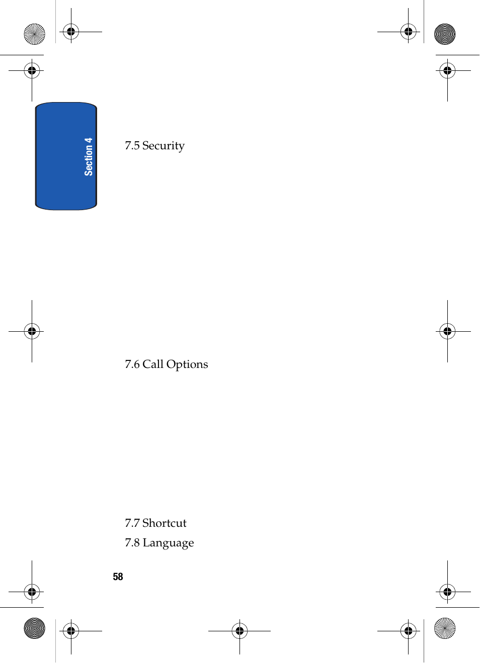 5 security, 6 call options, 7 shortcut 7.8 language | Samsung SCH-A570ZSVXAR User Manual | Page 58 / 194