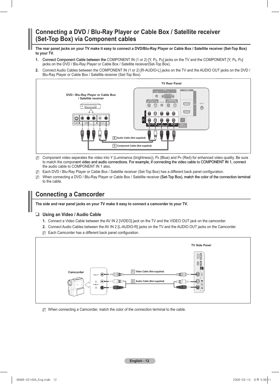 Connecting a camcorder, Using an video / audio cable | Samsung PN50B540S3FXZA User Manual | Page 12 / 103