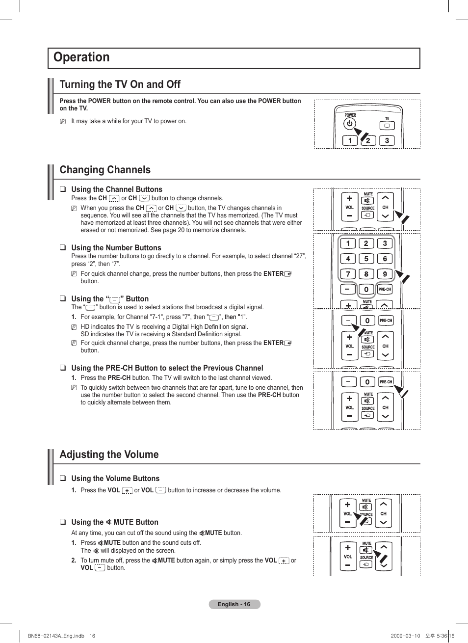 Operation, Turning the tv on and off, Changing channels | Adjusting the volume | Samsung PN50B540S3FXZA User Manual | Page 16 / 103
