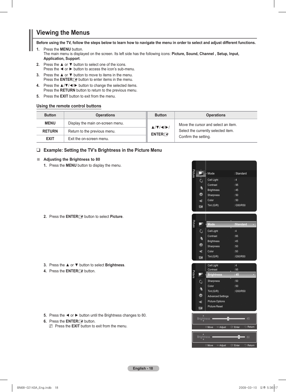 Viewing the menus, Using the remote control buttons | Samsung PN50B540S3FXZA User Manual | Page 18 / 103