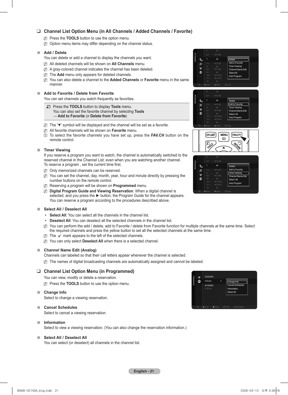 Channel list option menu (in programmed) | Samsung PN50B540S3FXZA User Manual | Page 21 / 103