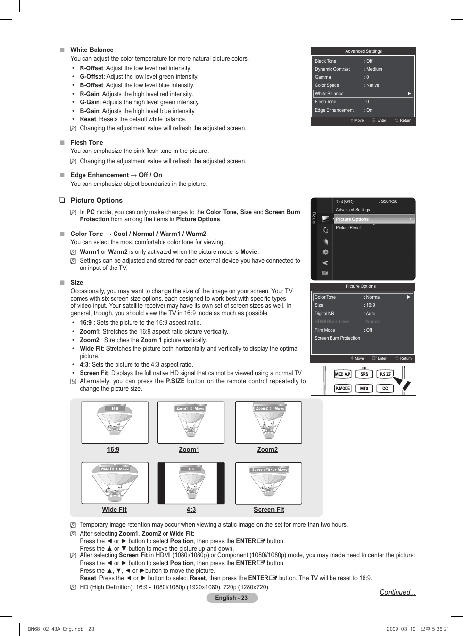 Picture options | Samsung PN50B540S3FXZA User Manual | Page 23 / 103
