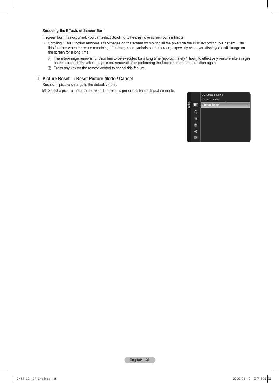 Picturereset→resetpicturemode/cancel | Samsung PN50B540S3FXZA User Manual | Page 25 / 103