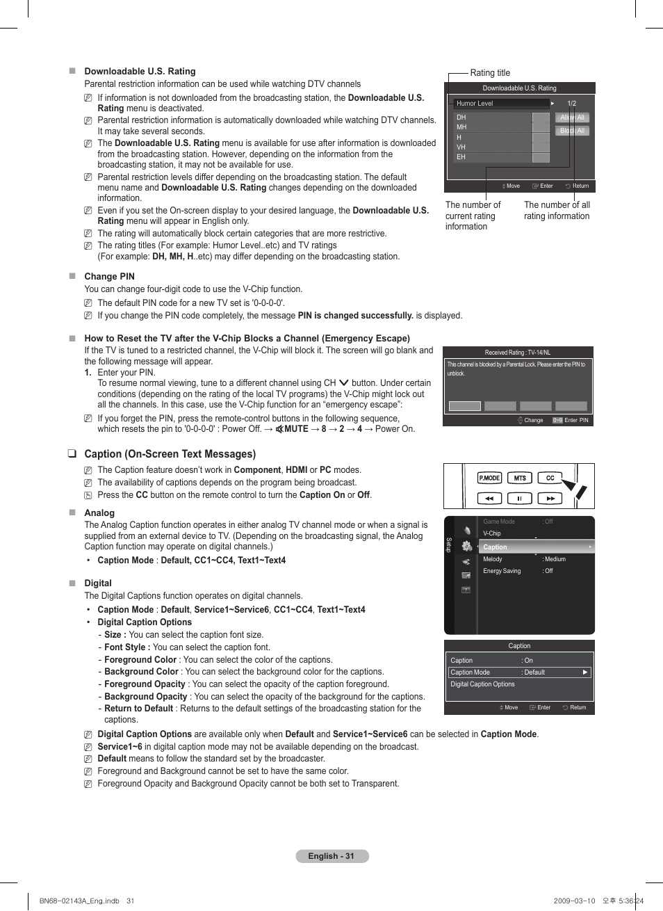 Caption (on-screen text messages) | Samsung PN50B540S3FXZA User Manual | Page 31 / 103