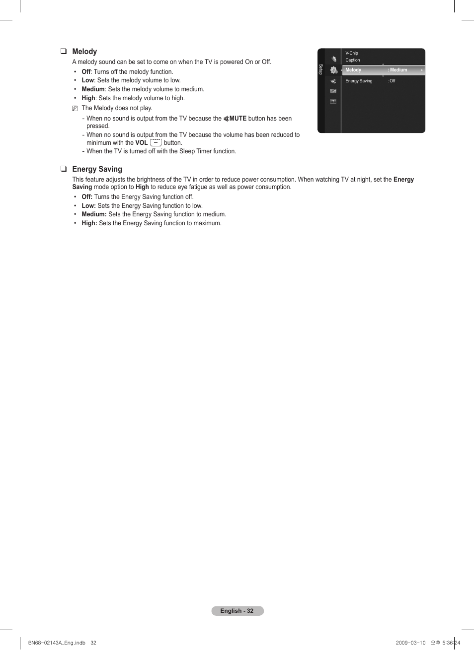 Melody, Energy saving | Samsung PN50B540S3FXZA User Manual | Page 32 / 103