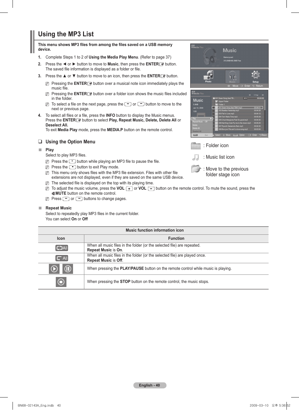 Using the mp list, Using the option menu | Samsung PN50B540S3FXZA User Manual | Page 40 / 103