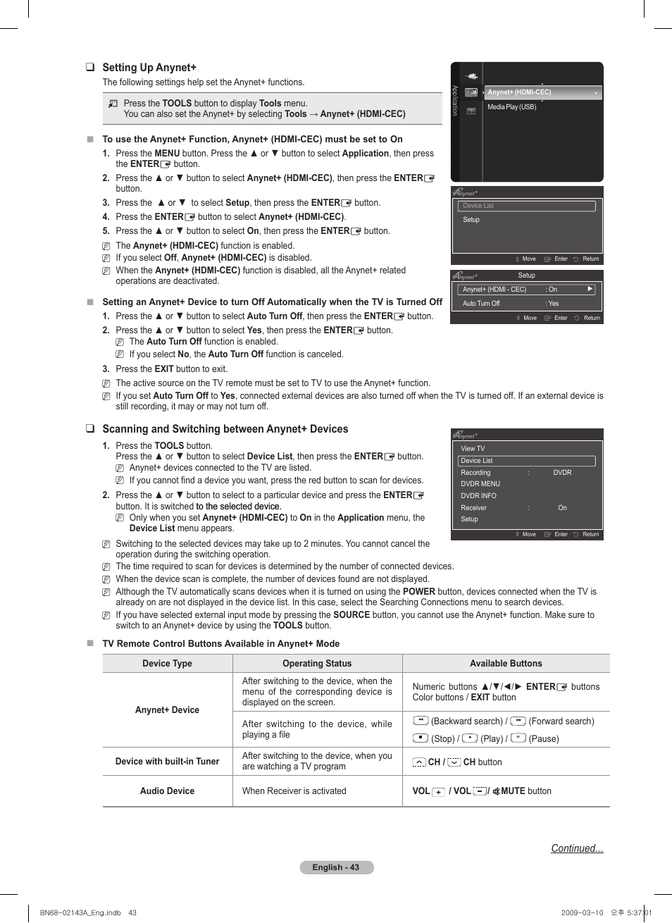 Setting up anynet, Scanning and switching between anynet+ devices | Samsung PN50B540S3FXZA User Manual | Page 43 / 103