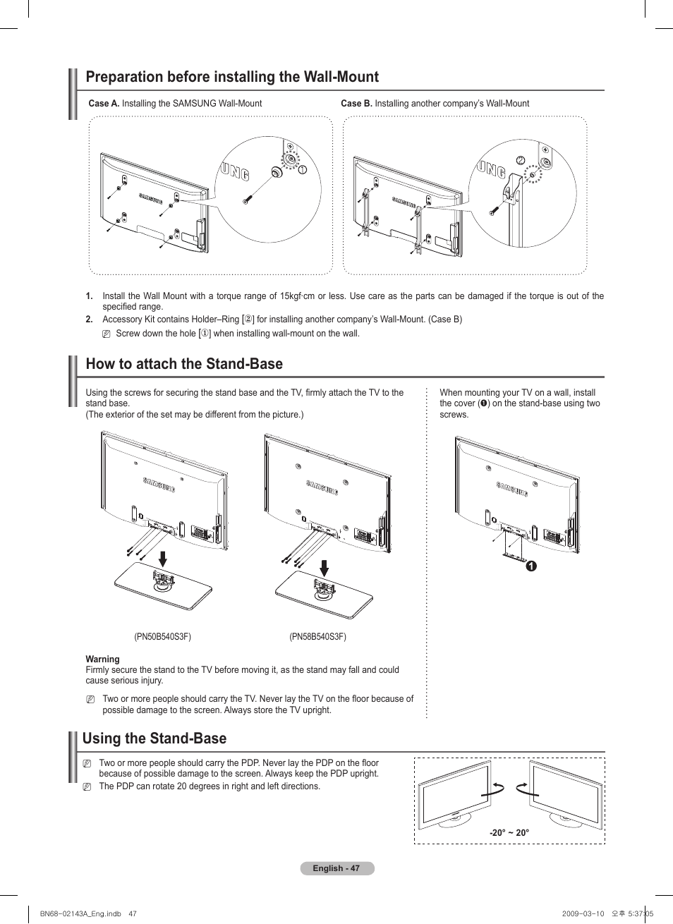 Preparation before installing the wall-mount, How to attach the stand-base, Using the stand-base | Samsung PN50B540S3FXZA User Manual | Page 47 / 103