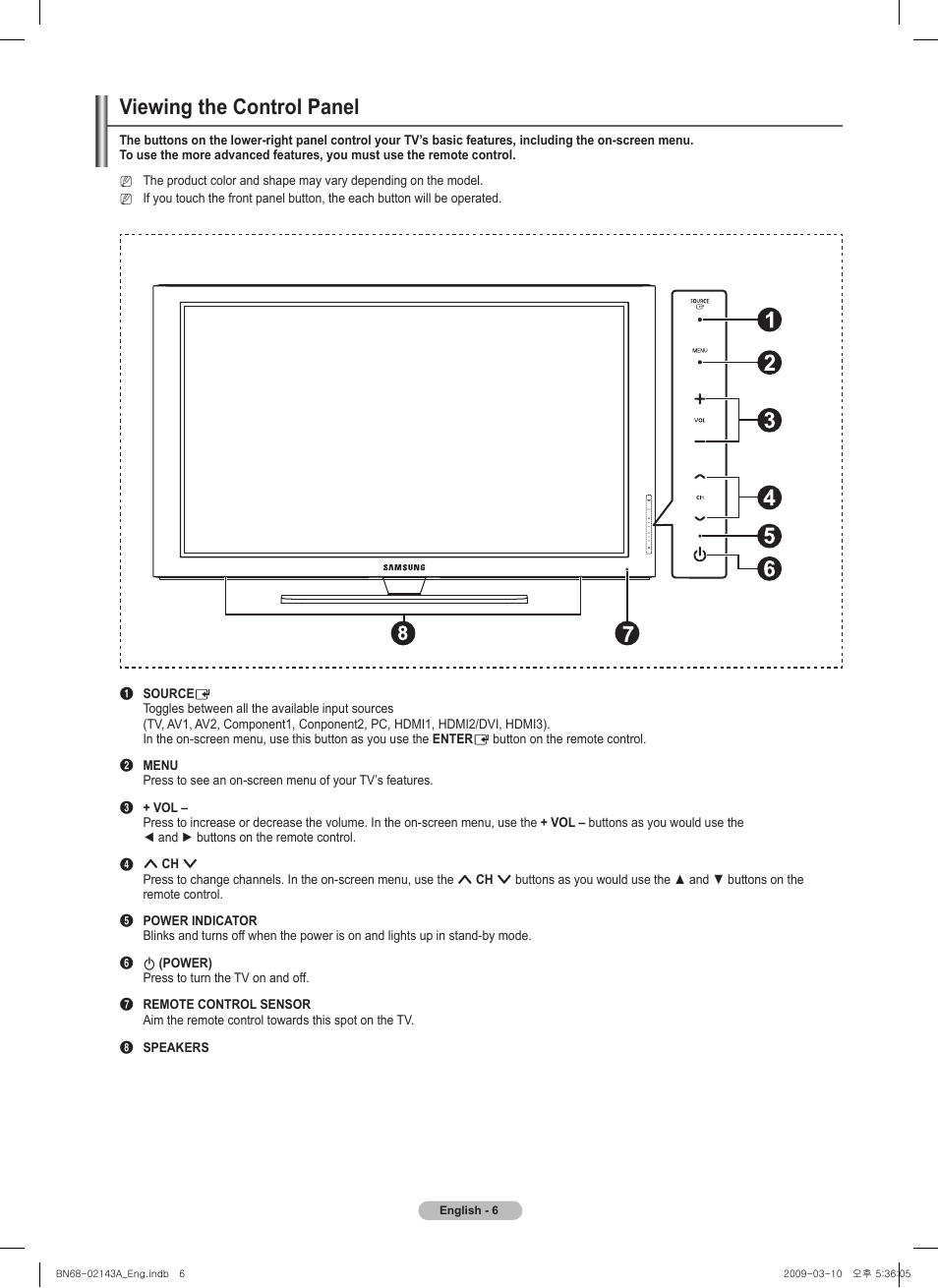 Viewing the control panel | Samsung PN50B540S3FXZA User Manual | Page 6 / 103