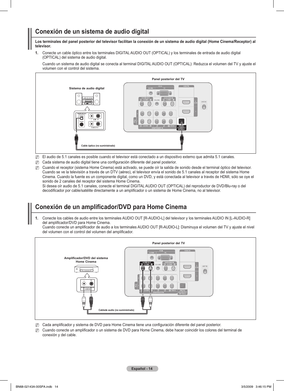Conexión de un sistema de audio digital, Conexión de un amplificador/dvd para home cinema | Samsung PN50B540S3FXZA User Manual | Page 65 / 103