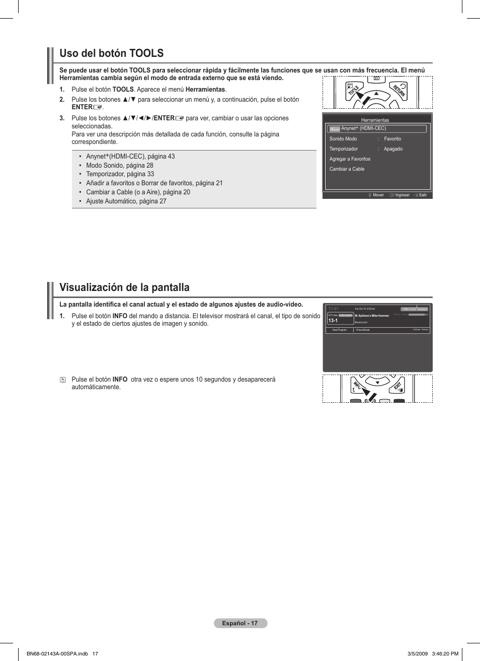 Visualización de la pantalla, Uso del botón tools | Samsung PN50B540S3FXZA User Manual | Page 68 / 103