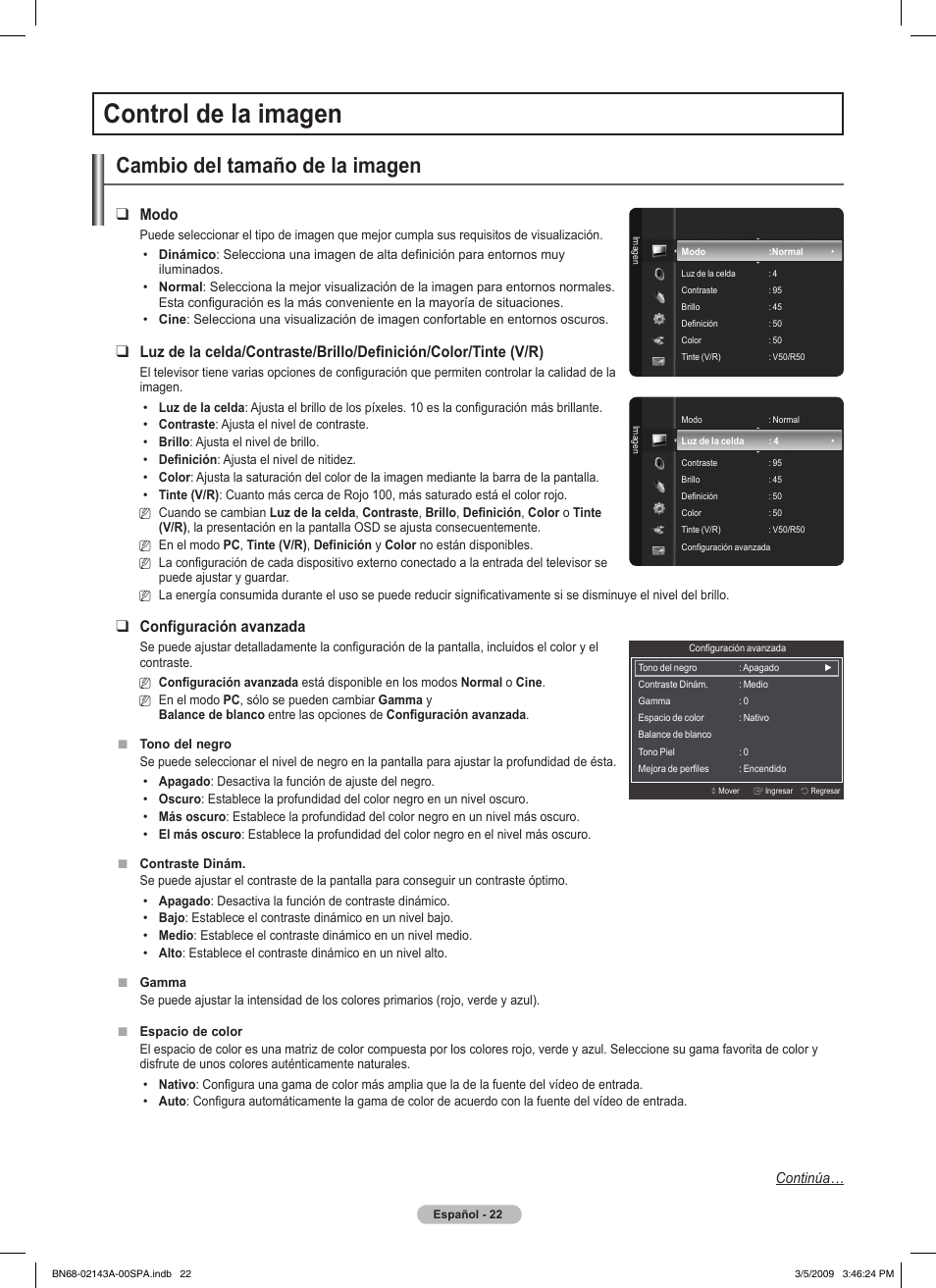 Control de la imagen, Cambio del tamaño de la imagen, Modo | Configuración avanzada | Samsung PN50B540S3FXZA User Manual | Page 73 / 103