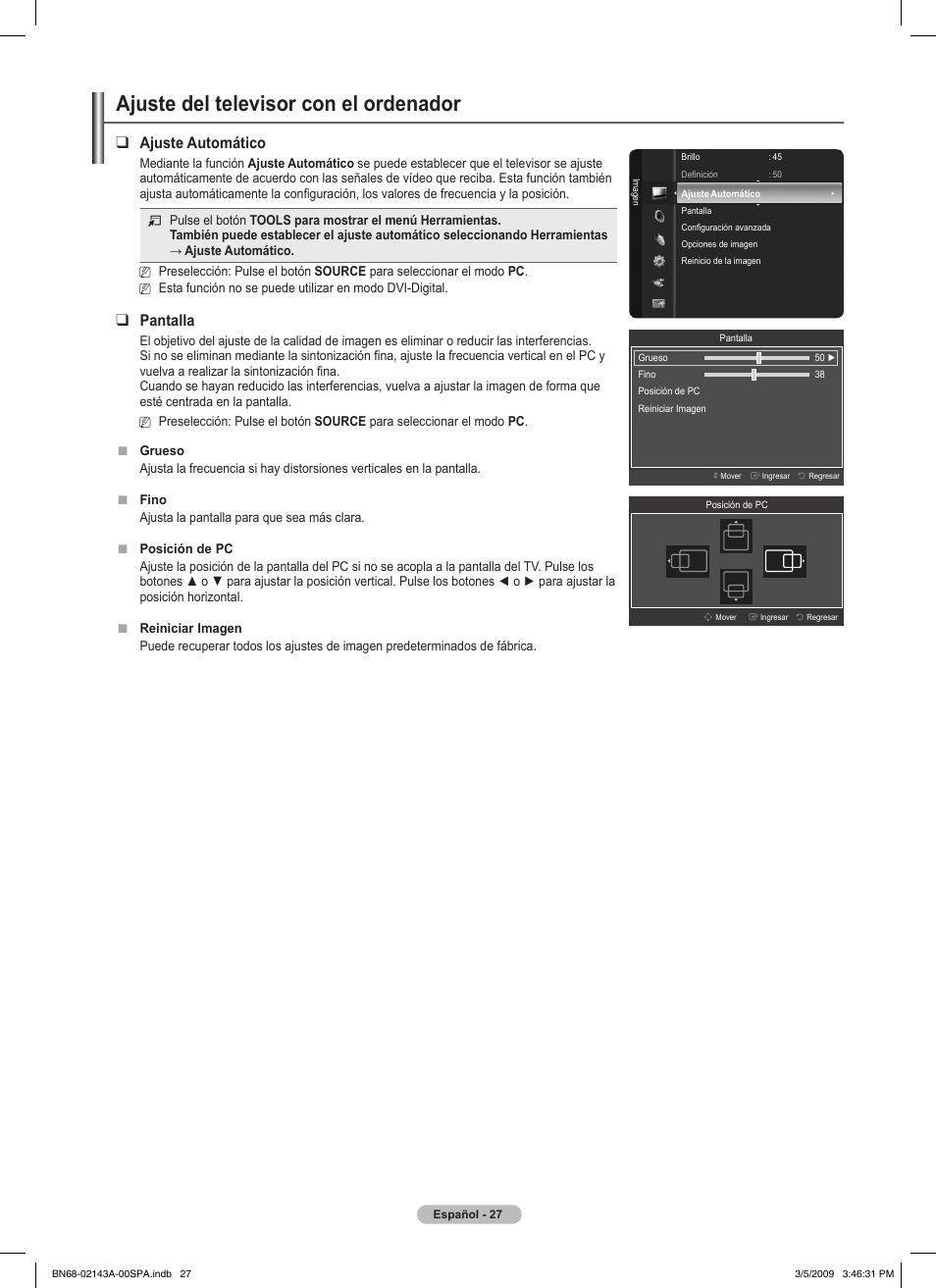 Ajuste del televisor con el ordenador, Ajuste automático, Pantalla | Samsung PN50B540S3FXZA User Manual | Page 78 / 103