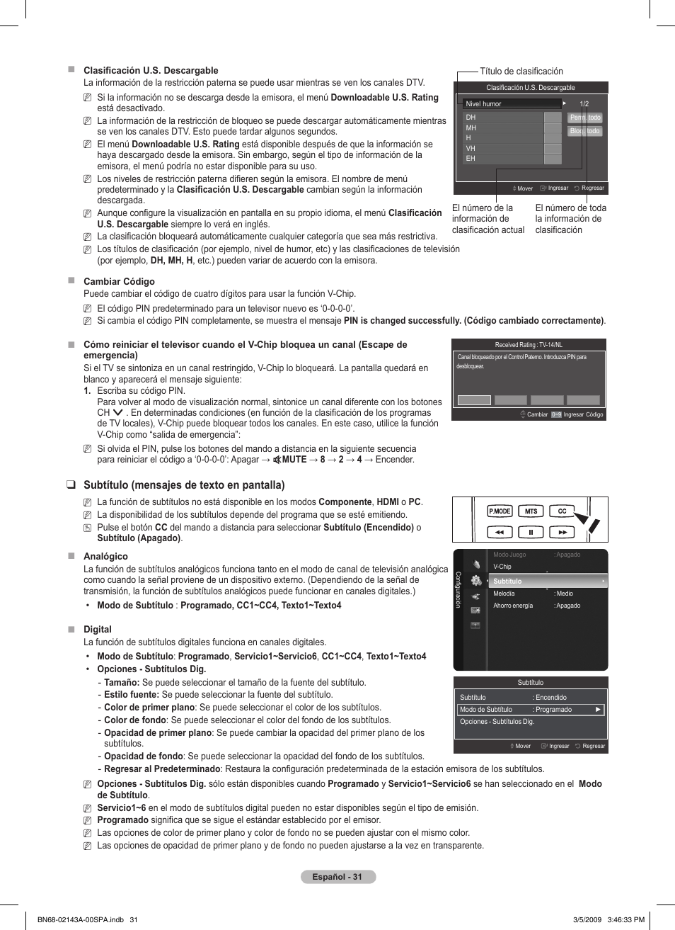 Subtítulo (mensajes de texto en pantalla) | Samsung PN50B540S3FXZA User Manual | Page 82 / 103