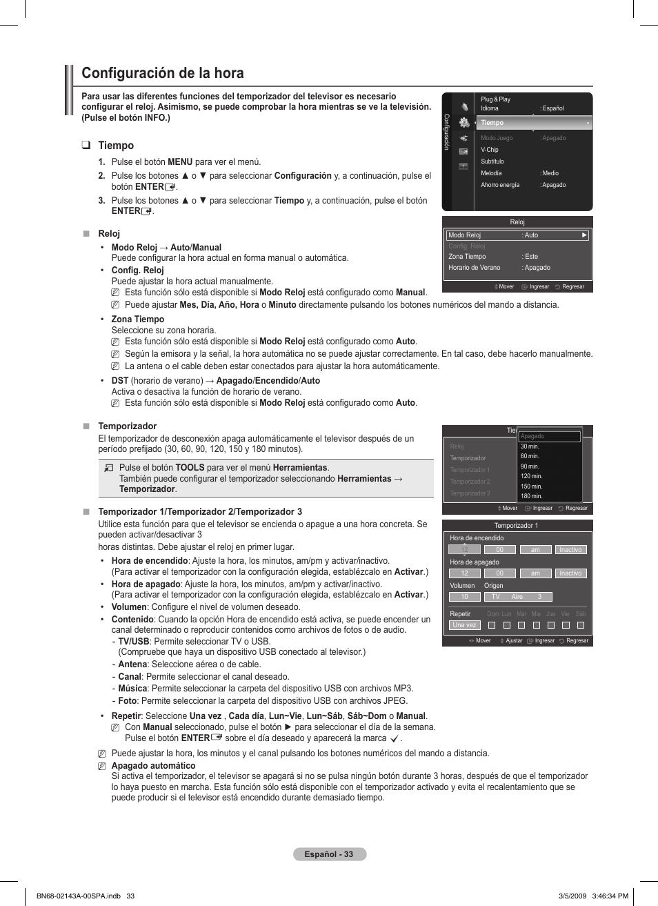 Configuración de la hora, Tiempo | Samsung PN50B540S3FXZA User Manual | Page 84 / 103