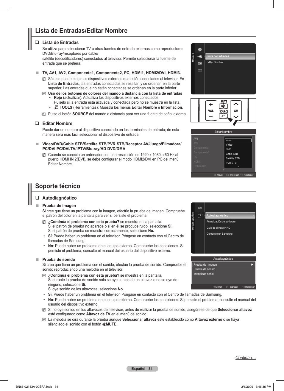 Lista de entradas/editar nombre, Soporte técnico, Lista de entradas | Editar nombre, Autodiagnóstico | Samsung PN50B540S3FXZA User Manual | Page 85 / 103