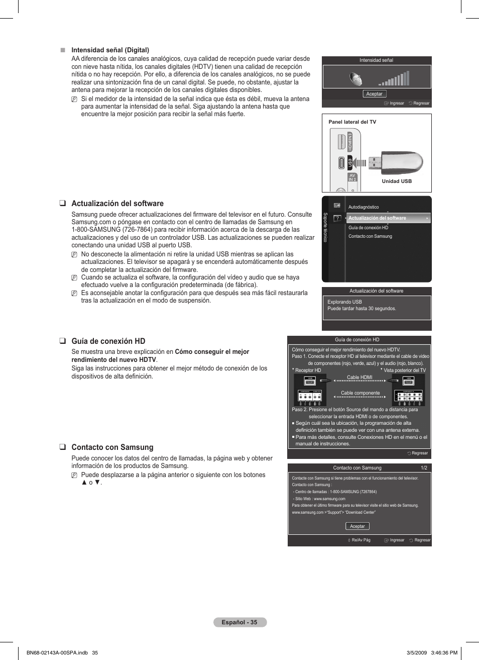Actualización del software, Guía de conexión hd, Contacto con samsung | Samsung PN50B540S3FXZA User Manual | Page 86 / 103