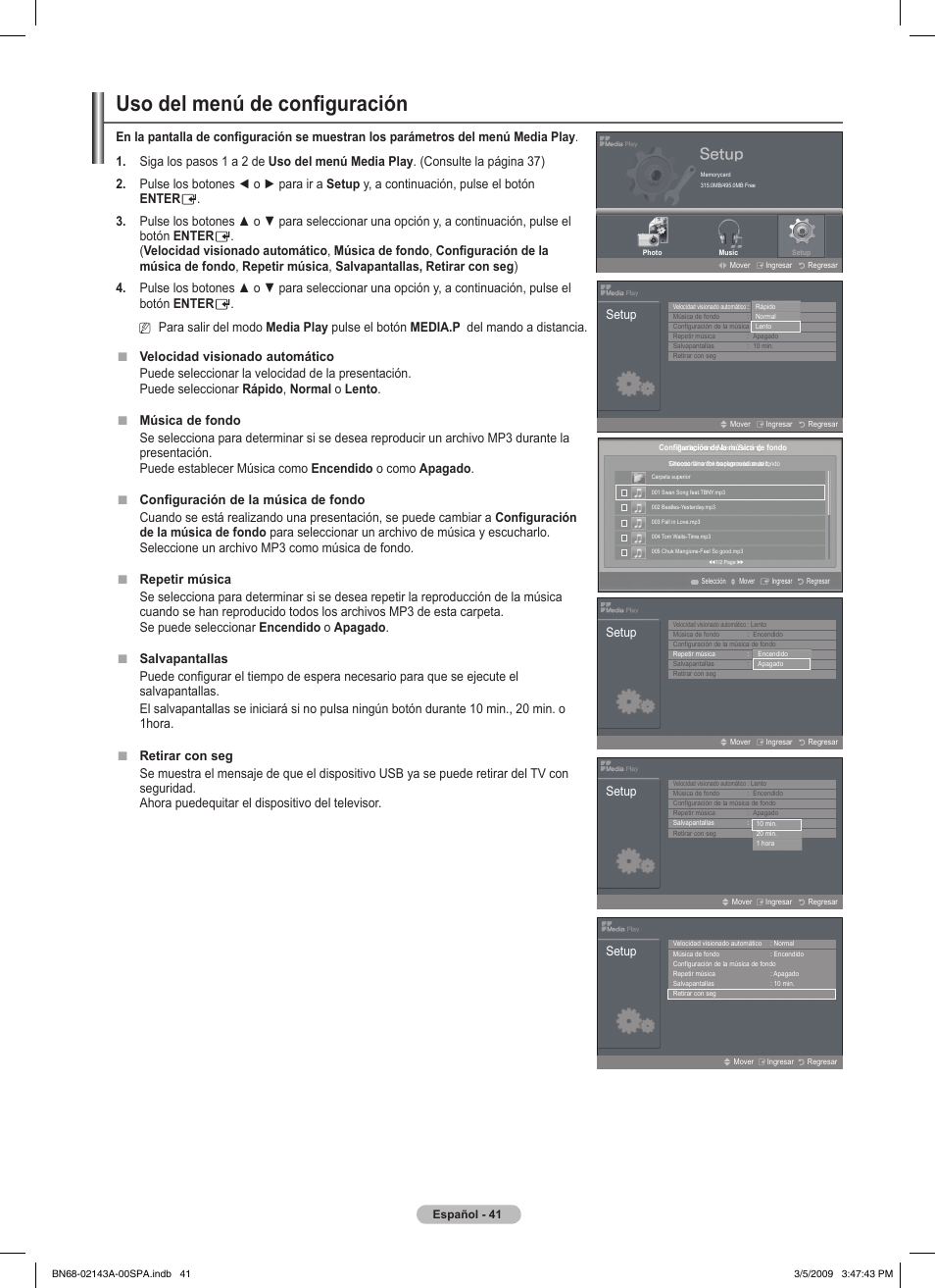 Uso del menú de configuración, Música, Setup | Samsung PN50B540S3FXZA User Manual | Page 92 / 103