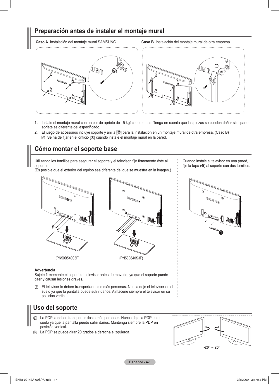 Preparación antes de instalar el montaje mural, Cómo montar el soporte base, Uso del soporte | Samsung PN50B540S3FXZA User Manual | Page 98 / 103