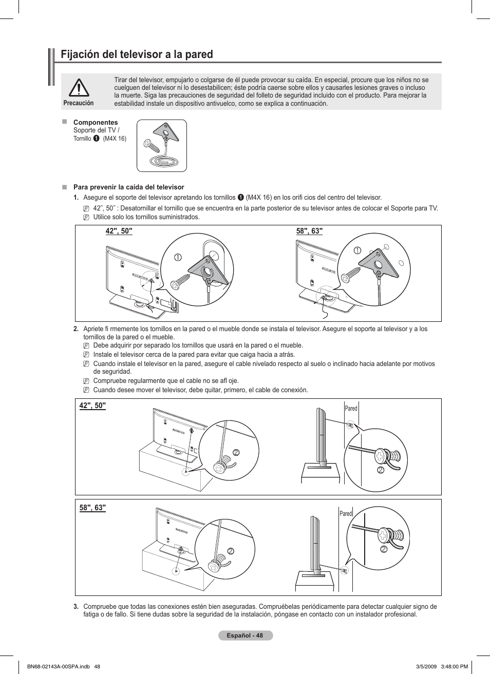 경고 주의 경고 주의, Fijación del televisor a la pared | Samsung PN50B540S3FXZA User Manual | Page 99 / 103