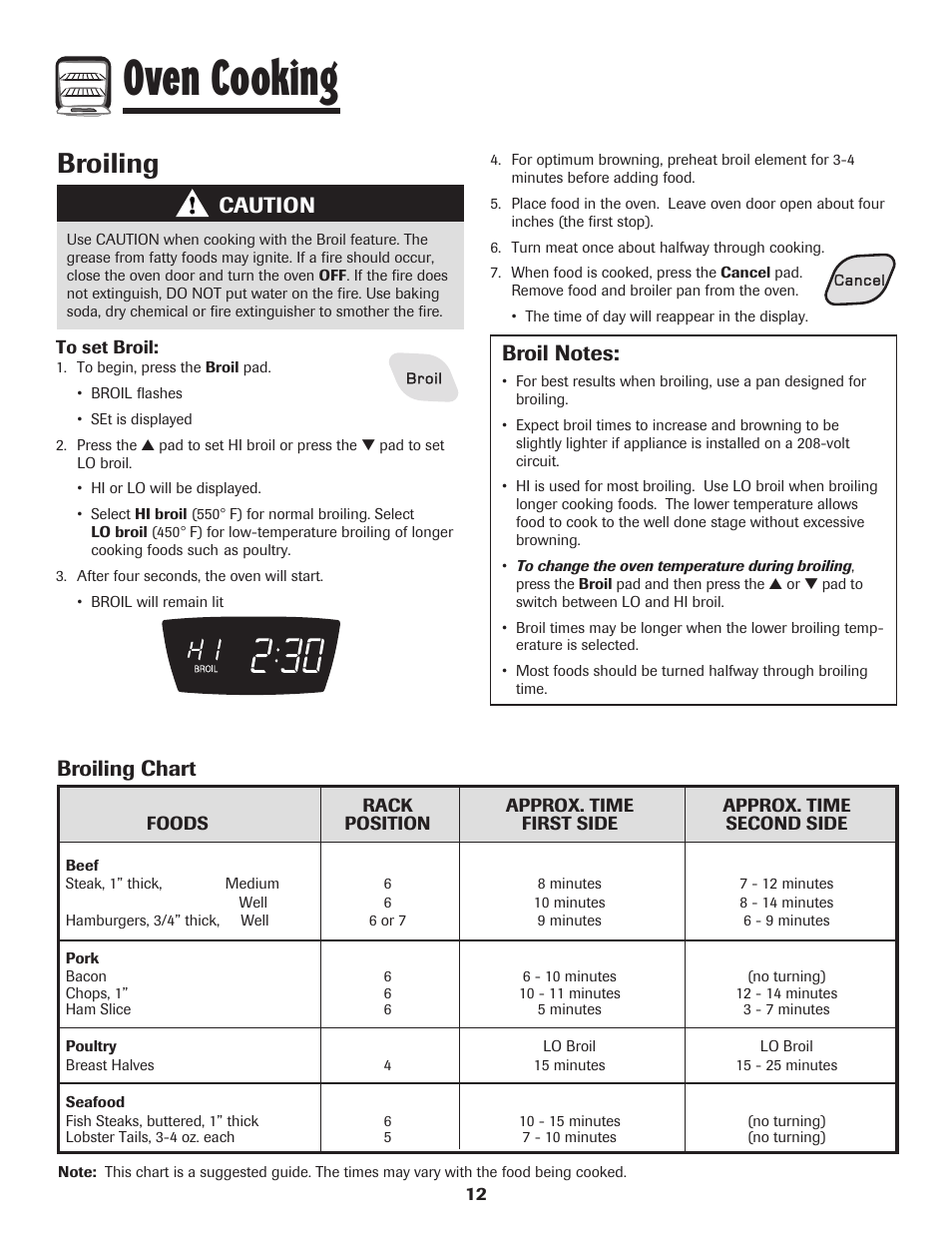 Oven cooking, Broiling, Broiling chart | Caution | Amana 8113P598-60 User Manual | Page 13 / 76