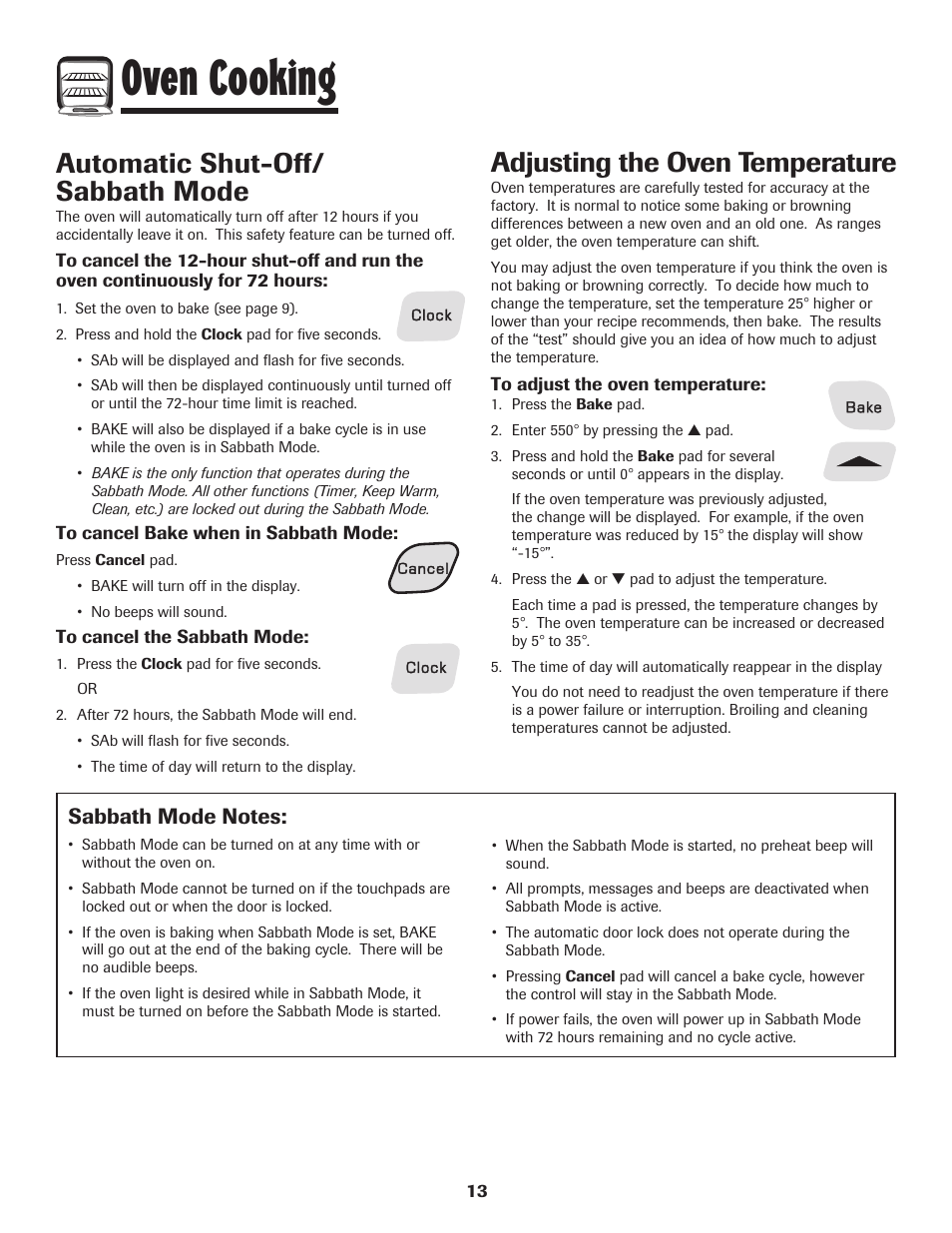 Oven cooking, Automatic shut-off/ sabbath mode, Adjusting the oven temperature | Amana 8113P598-60 User Manual | Page 14 / 76