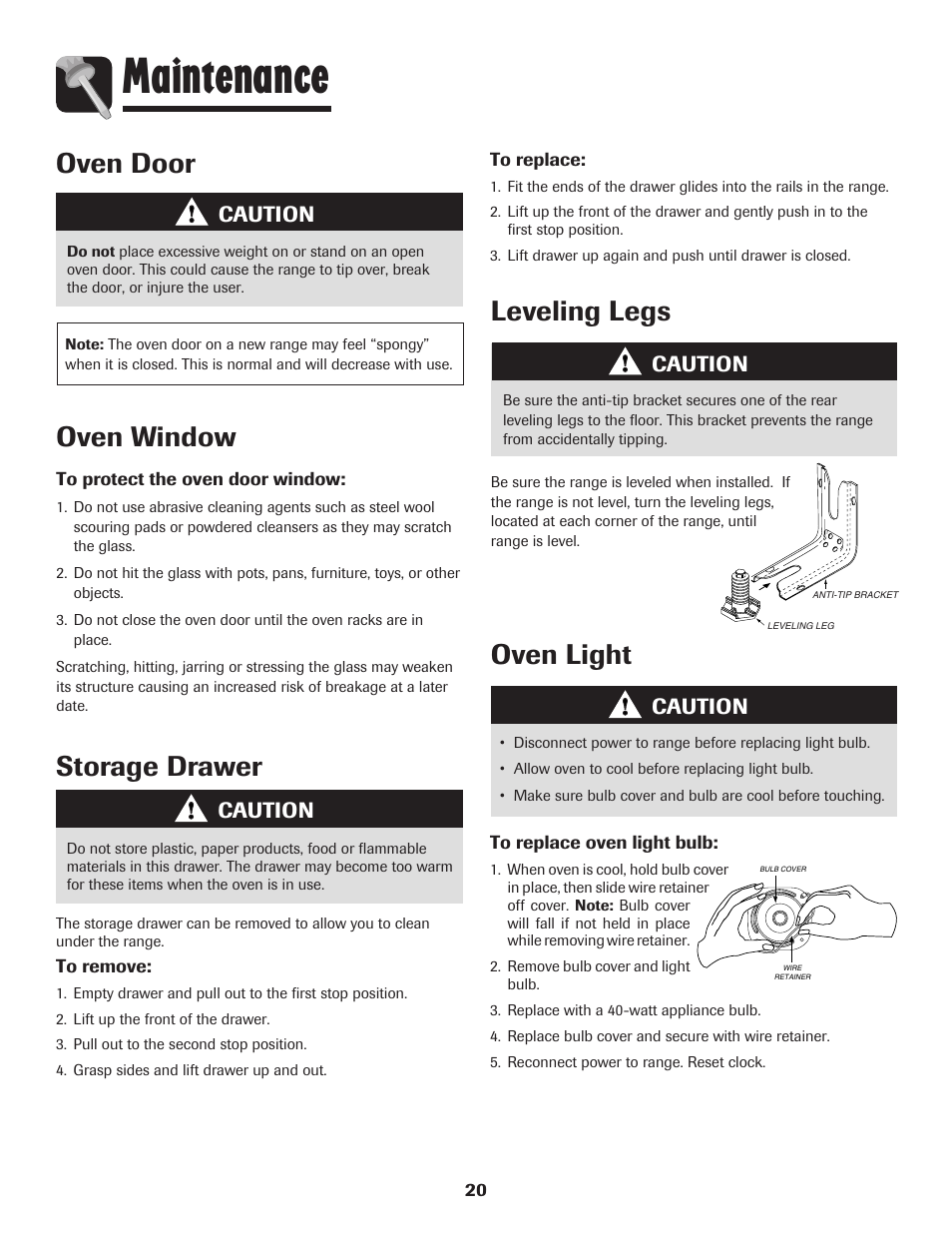 Maintenance, Oven door, Oven window | Leveling legs, Oven light, Storage drawer, Caution | Amana 8113P598-60 User Manual | Page 21 / 76