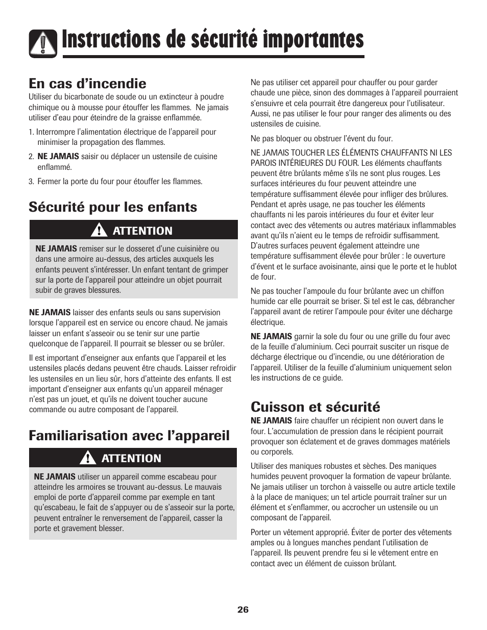 Instructions de sécurité importantes, En cas d’incendie, Sécurité pour les enfants | Cuisson et sécurité, Familiarisation avec l’appareil | Amana 8113P598-60 User Manual | Page 27 / 76